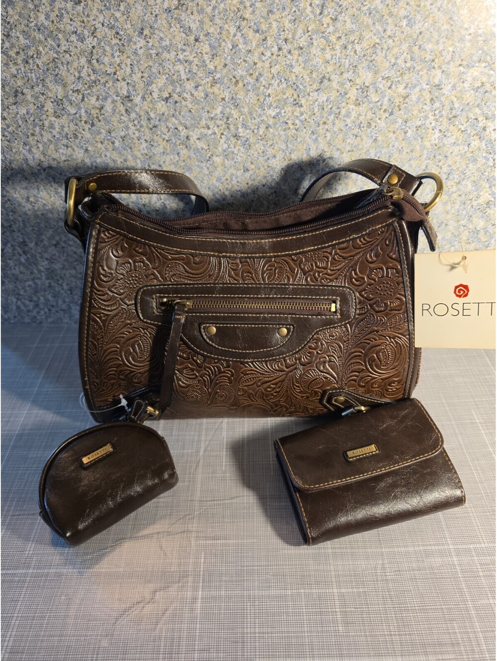 NWT Rosetti Country Brown Shoulder Handbag Tooled Embossed Design With Wallet